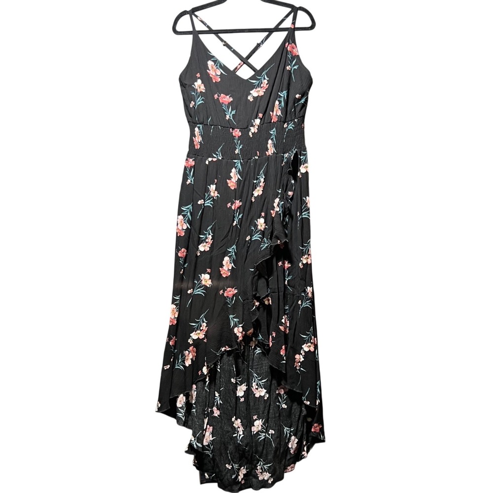 Haute Fox Black Pink Floral Smocked High Low Ruffle Maxi Dress Plus Size 3X